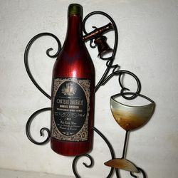 French Red Bordeaux Table Wine Bottle, Cork & Glass. Metal  Wall Decor Brand New 