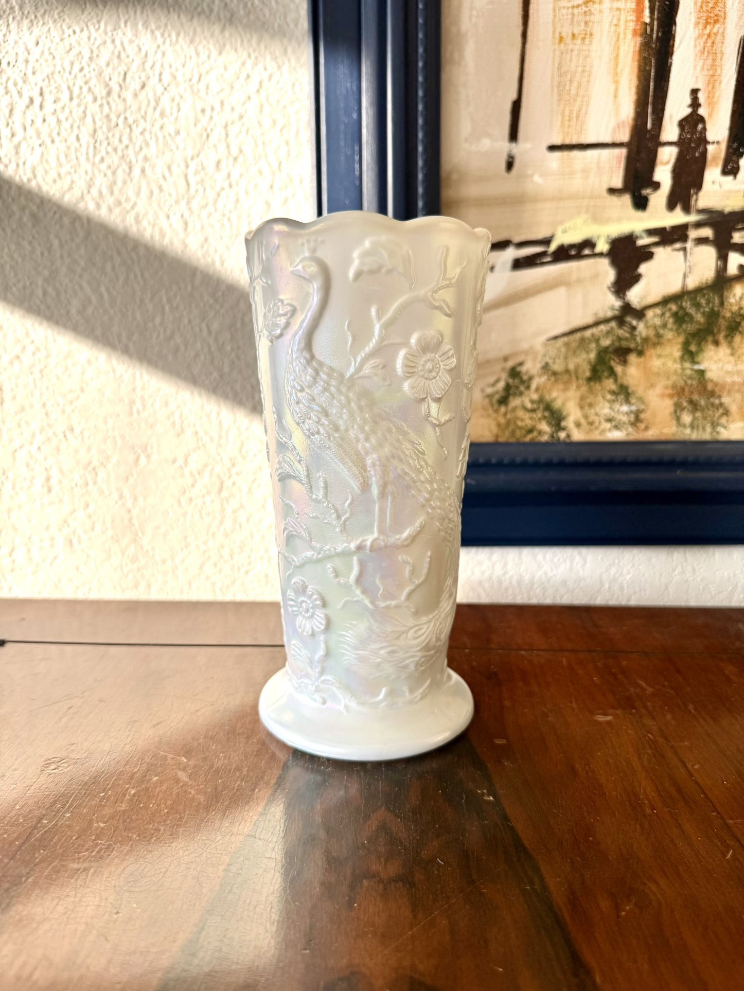 Fenton Pearlized White Iridescent Peacock Garden Carnival Glass Vase 8” - #8257