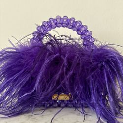 Maison Châtelett Purple Beaded Feather Mini Bag – Top Handle – Handmade
