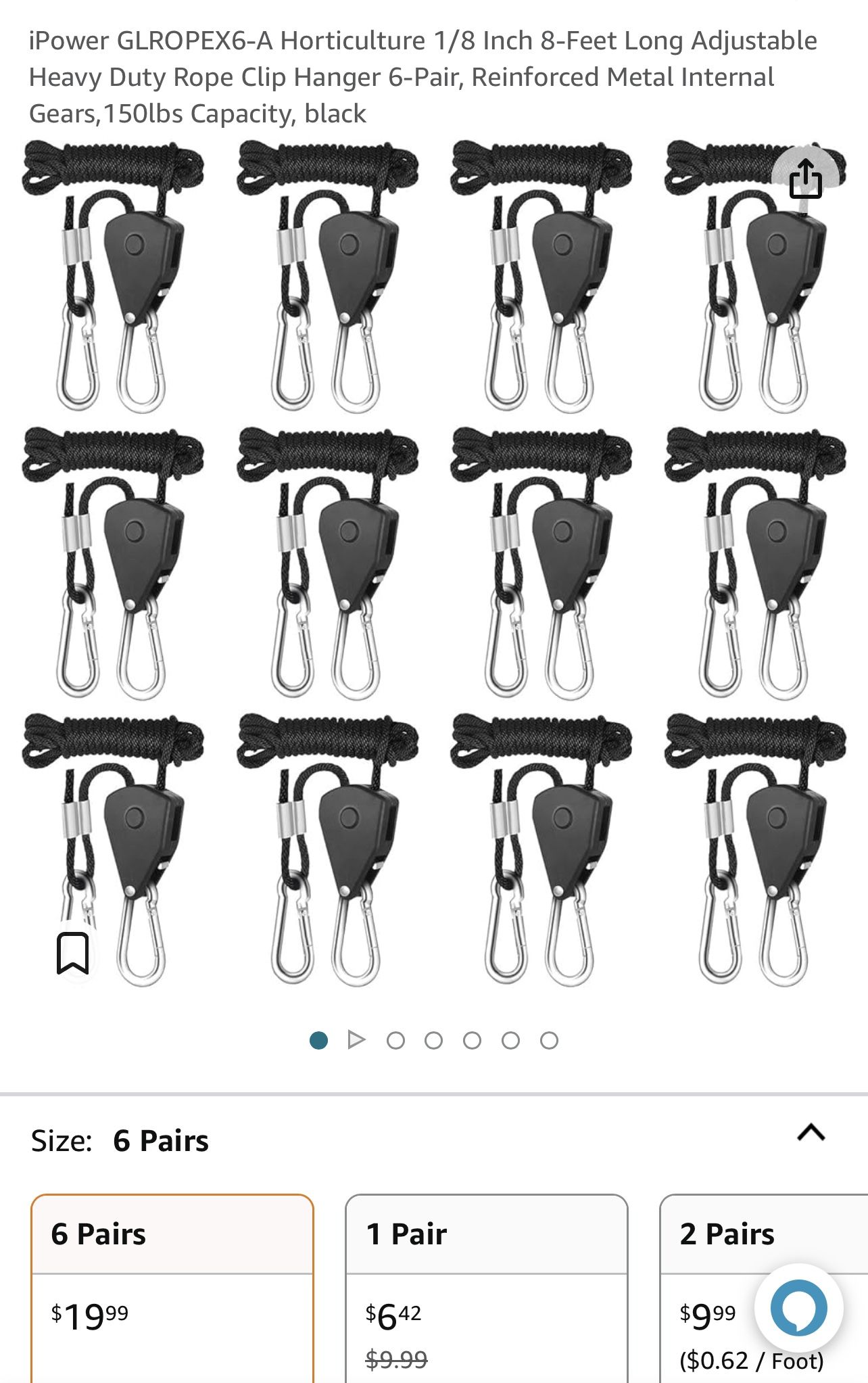 Heavy Duty Rope Clip Hanger 6-Pair, Reinforced Metal Internal Gears,150lbs Capacity, 1/8 Inch 8-Feet Long Adjustable (Black)