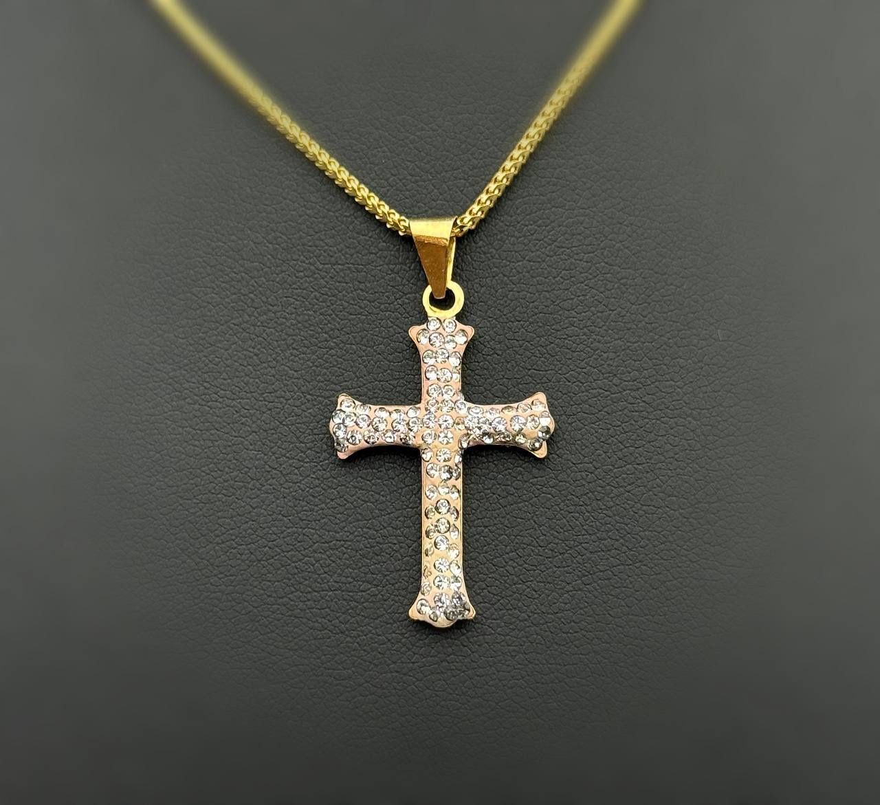 14k solid yellow gold white gems Cross Pendant charm