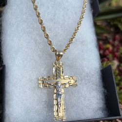 10K SOLID GOLD + RHODIUM CROSS  PENDANT WITH 10k SOLID ROPE 22INCH CHAIN