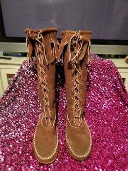 Vintage UNISEX Suede Moccasins Lace up Knee high boots Size 10 $75