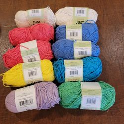 10 Skeins Assorted Just Cotton Yarn Premier 1.76 oz 87 yards each New 
with tag.
Consist of two denim color (blue), one Turquoise color, two mango (on