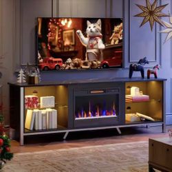 70.87 in. Black Marble TV Stand with Fireplace and Glass Shelves Fits TVs up to 75 in. LED Entertainment Center