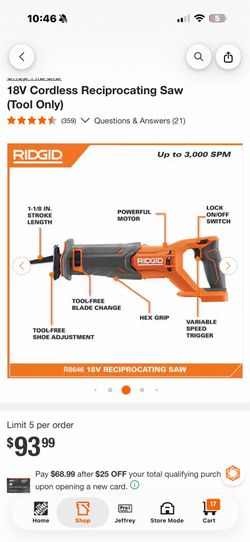 RIDGID 18V Cordless Reciprocating Saw (Tool Only) RIDGID