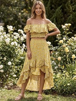 Harper & Me Yellow Floral Off-The-Shoulder Crop Top & High-Low Skirt Set Size 4