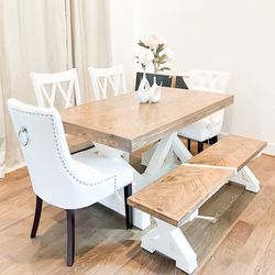 Custom Dining Table Farmhouse Country French Modern Rustic Solid Wood Set Restoration Hardware Insp Bench Hand Built Round Oval Counter Breakfast  