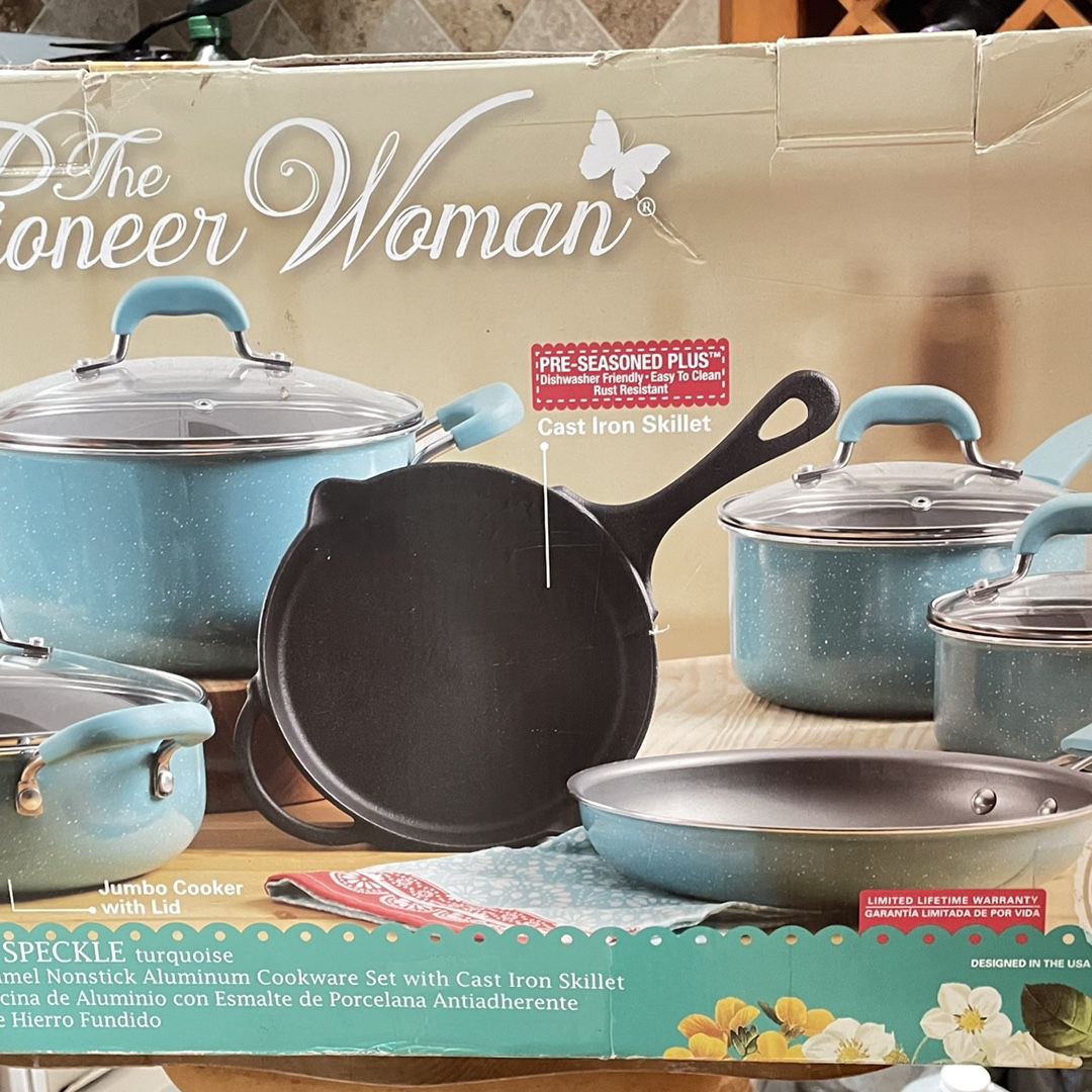 The Pioneer Woman Frontier Speckle 12-Piece Aluminum Cookware Set, Teal