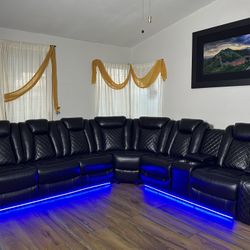 Black Power Recliner Sectional with USB Ports, LED lights, Cup holders & Storage compartments