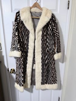 Real Fur Coat Chevron Zigzag Pattern Brown And White Mink Body