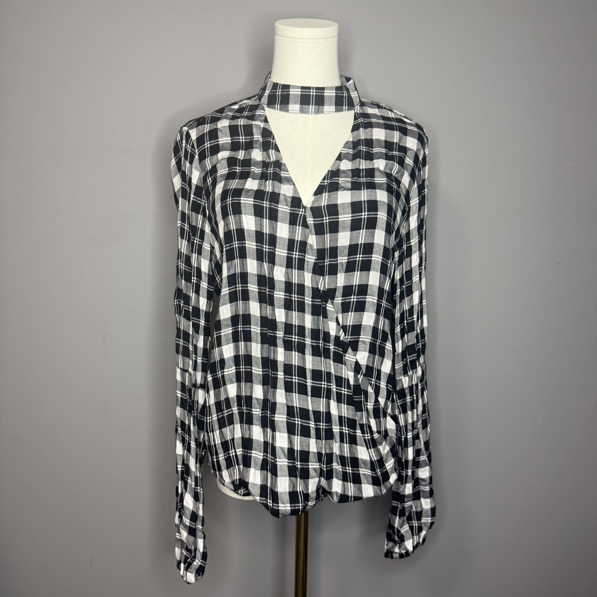 Michael Kors White Black Checker Plaid Halter Keyhole Blouse Size Small