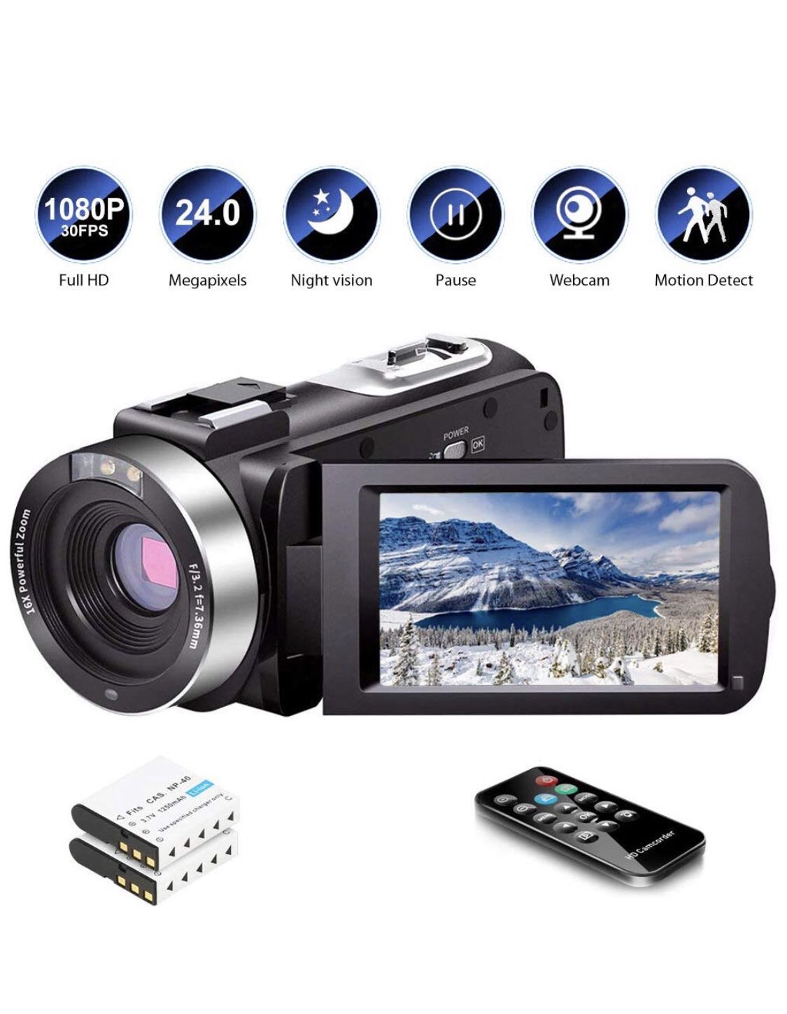 Video Camera Camcorder Full HD 1080P 30FPS 24.0 MP IR Night Vision Vlogging Camera Recorder 3.0 Inch IPS Screen 16X Zoom Camcorders YouTube Camera
