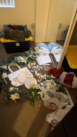 Wedding decor lot, faux flowers arch, table decor, table runners, Mr and Mrs sign, candles, bride bag, guest book sign, dessert trays, tiered dessert