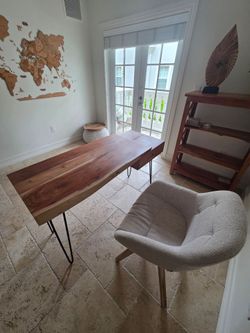 Solid Wood Live Edge Desk with Upholstered Chair