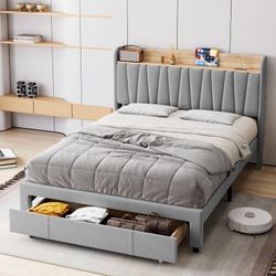 Platform Bed Frame with Drawers, Heavy Duty, No Box Spring Needed, Easy Assembly, Grey, Queen Size  Upholstered Bed Frame with Storage Headboard and C