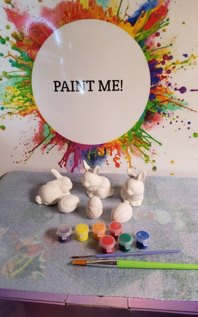 Ceramic Bisque 3 Easter Bunnies With 3 Eggs With Acrylic Stains And Brush