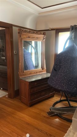 Victorian Eastlake Dresser with gray marble top— $40