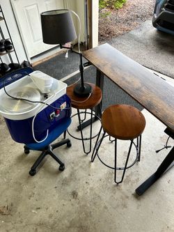 Desk, stools, lamp, desk chair, pottery wheel