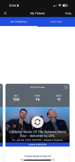 Coldplay Ticket $500 Each