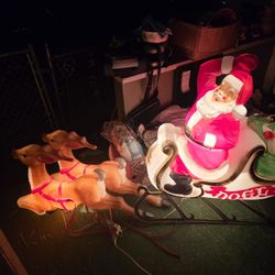 Vintage Santa In Sleigh with 2 Reindeer Blow Mold
