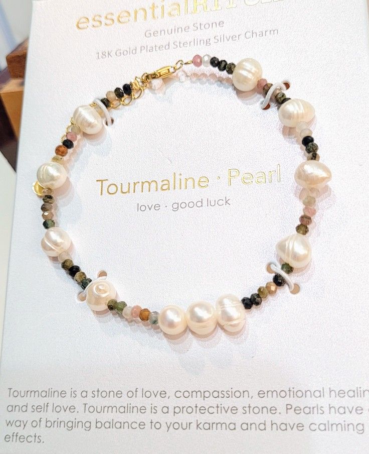 SHIPPING ONLY: New Essential Ritual Tourmaline Bead Gemstone Freshwater Pearl Sterling Silver 18kt Gold Plated Charm Claw Closure Bracelet