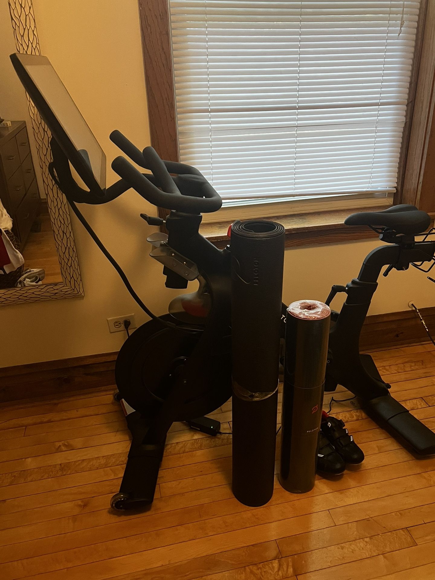 Original Pelaton Bike, Floor Mat, Exercise mat and Size 8 Shoes