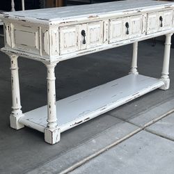 SOLID WEATHERED PINE FARMHOUSE CONSOLE, CREDENZA, ENTRY PIECE OR COUCH TABLE