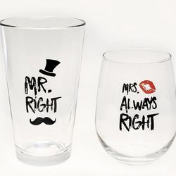 New 2 Glasses One Beer And One Wine. Mr Right And Mrs. Always Right 