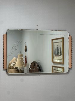 Vintage Art Deco Etched Wall Mirror with Peach Glass Side Panels