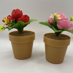 Pair Of Solar Dancing Faux Potted Plants- Red/pink Flowers- 4.5 Inches Tall
