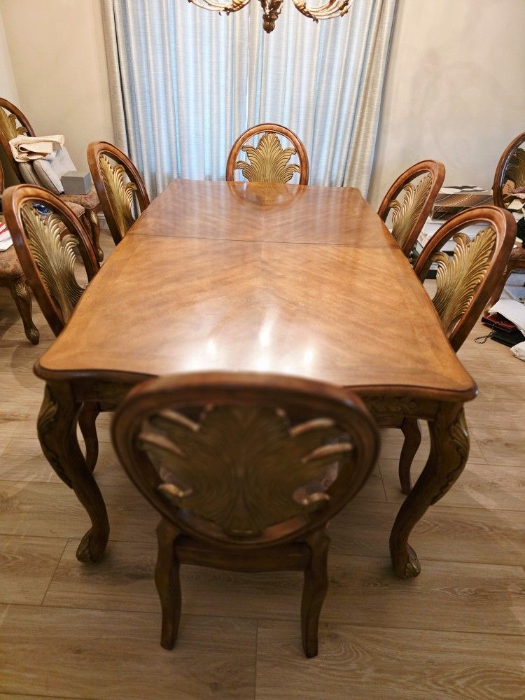 Fancy Dining Table With Leaf And 10 Chairs, Seats 10