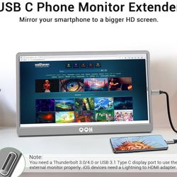 QQH Portable Monitor, 15.6" FHD 1080P Travel Monitor for Laptop, Extra Laptop Screen Extender, HDR, Plug&Play, USB C HDMI PC Phone MAC PS5 Xbox Switch