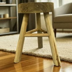 16"H x 11”D Wooden Stool with Live-Edge Round Top