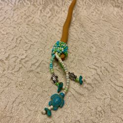 Wooden Handcrafted Beaded Chopstick Hair Pin w/Stone Turtle and Glass Beads, 7”