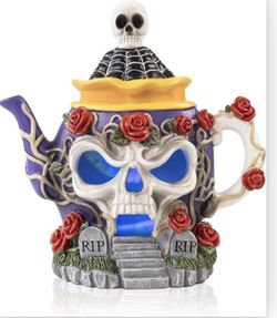 Light Up Halloween Haunted House Decor, 8.3"X 8.1" Resin Skull Head Decorative Teapot Figurine with Roses, Spooky Skeleton Miniature Village Indoor Ou