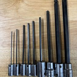 9pc SNAP-ON (1/4” & 3/8"Dr) SAE LONG BALL HEX Allen BIT SOCKET SET 1/16” To 3/8”