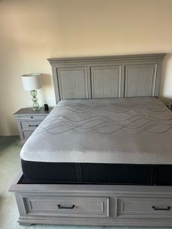 Grey king size bed frame and 2 night stands