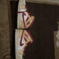 Jordan 1 Mid Light Curry Cardinal Red 