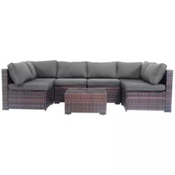 New in Box 7-Piece Dark Gray Wicker Outdoor Furniture Conversation Set with Thick Cushions and Coffee Table