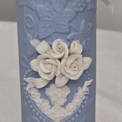 Jasperware Victorian Style Cameo Wall Pocket Hanging Vase Blue 7.5"