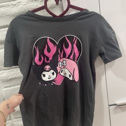 Sanrio Kuromi My Melody Goth Alt T shirt Pink Glitter Flames Chain Heart  XS