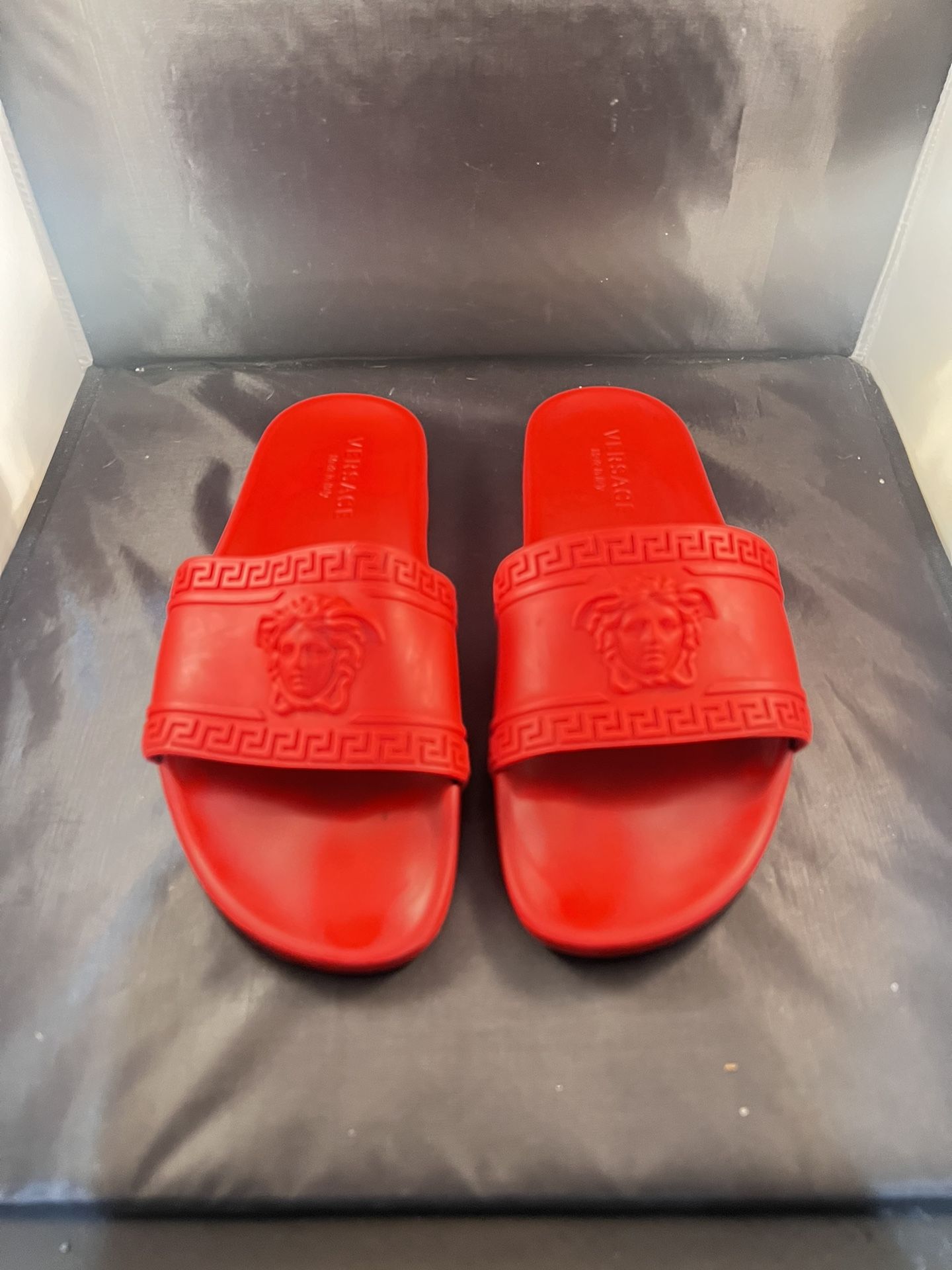 Versace Men's Medusa Greek Key Pool Slides Red -10