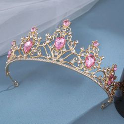 Pink Gold Tiara Crown Princess Queen Gems Metal Birthday Gift Bridal Diadem
