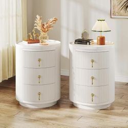New assembled 3 Drawers Nightstand Set of 2,  Bedside Table Night Stand for Bedroom, Modern Round End Side Table with Storage and Gold Handles, White