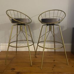Set of 2 Swivel Upholstered Bar Stools with Gold Metal Frame