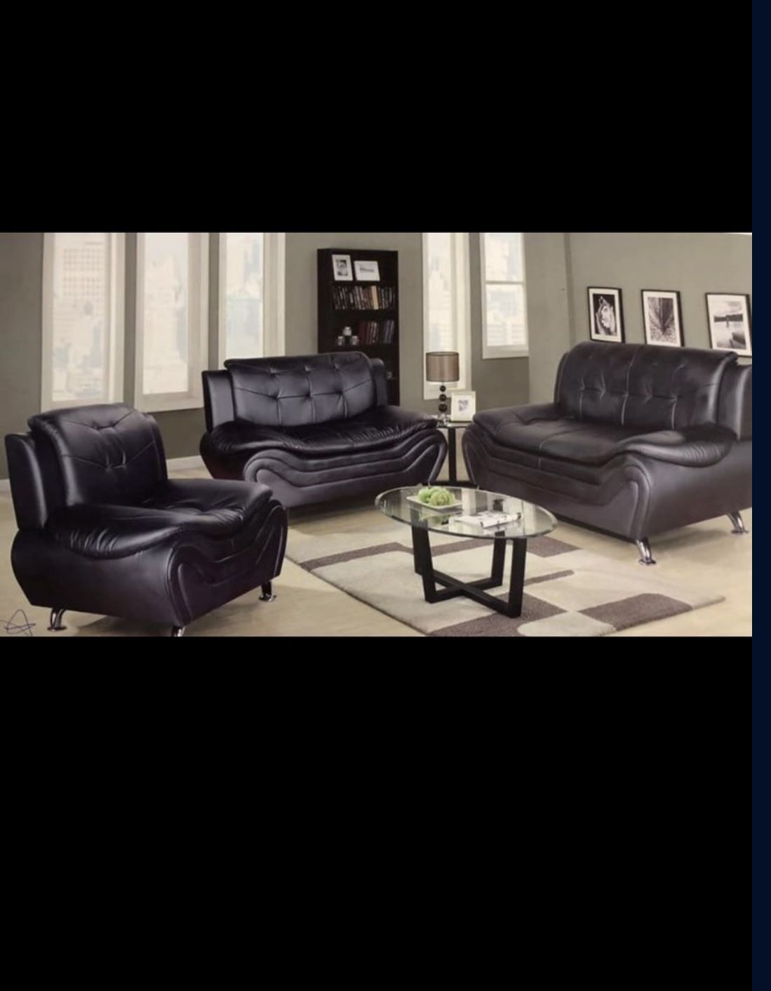 Black Leather Modern Style Three Piece Couch Set
