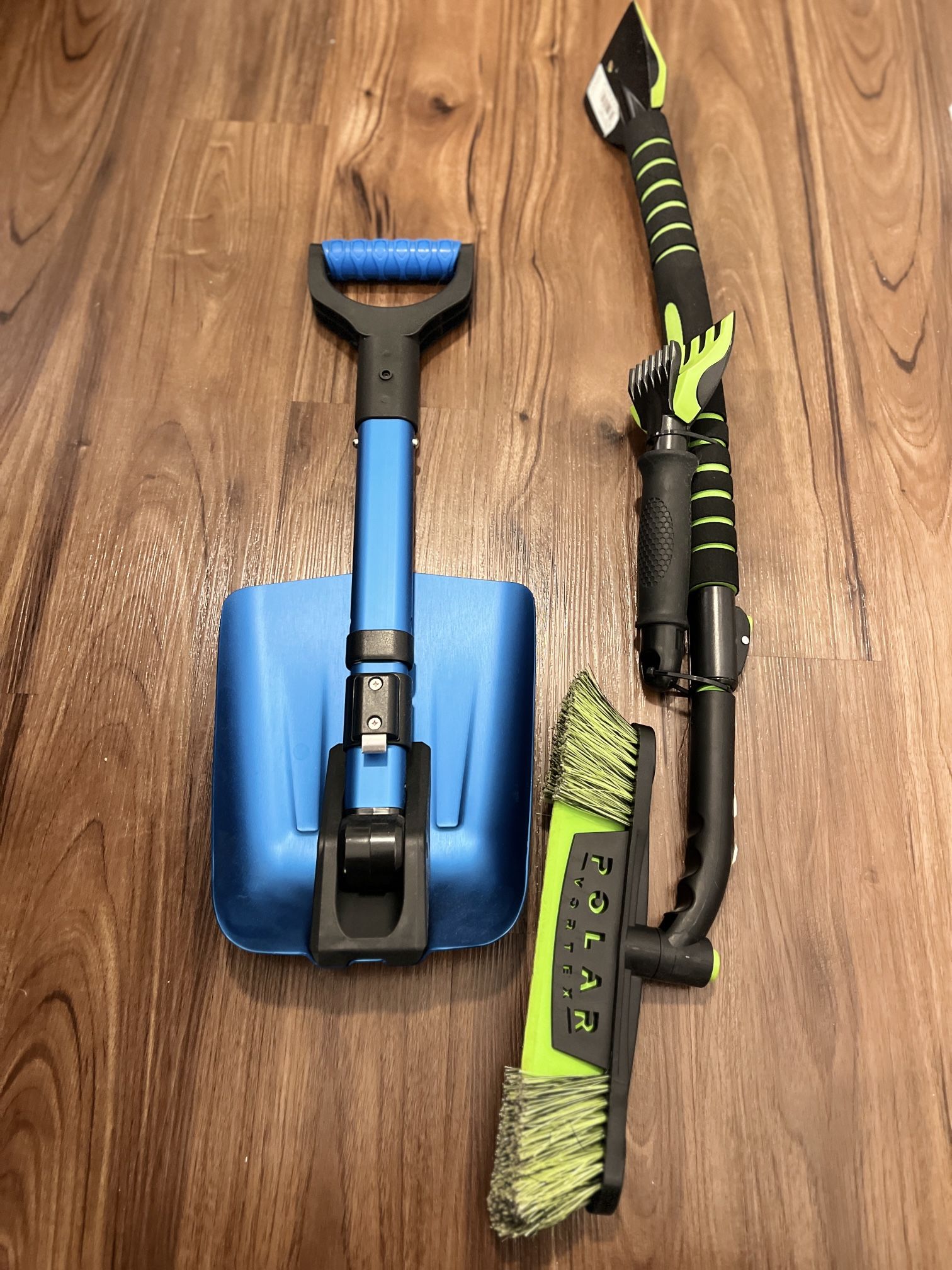 Portable snow shovel and extendable snow brush and ice scraper