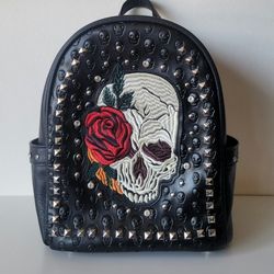 Studded Leather Backpack. Embroidered Skull and Ross