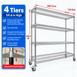 4-Tier Heavy Duty Chrome Wire Shelving Rack with Wheels